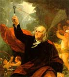Detail of a portrait of a wind-swept Franklin adjusting a key on a kite string held in by cherubs